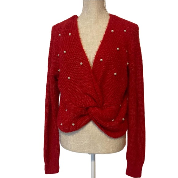 Vintage Red Deep V-Neck Sweater with Pearl Embellishments Size Large - Picture 1 of 5